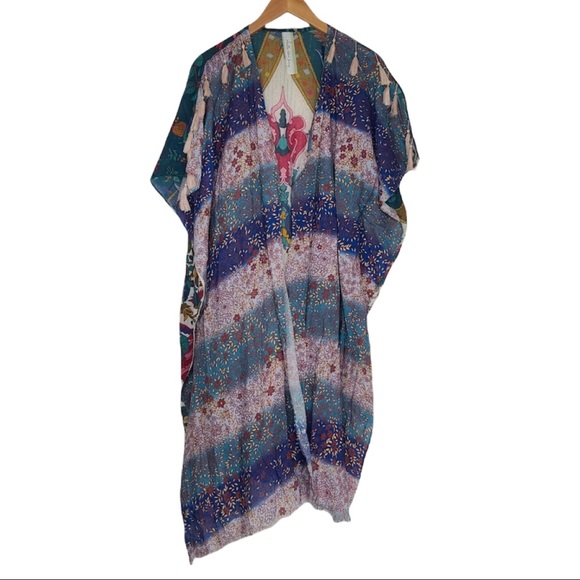 Aratta Silent Journey Kimono Shrug Topper Floral Bird Tassels Fringe